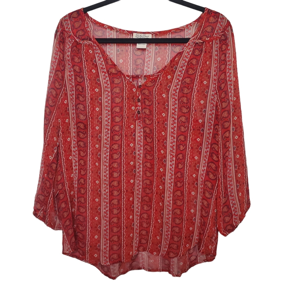 Lucky Brand | Sheer Long Sleeve Top | Red Paisley Print Loose Fit Flowy | L